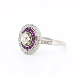 Pamono 1930 Antique French Art Deco Engagement Ring, Platinum, Diamonds, and Ruby Halo> Rings