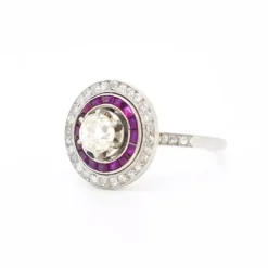 Pamono 1930 Antique French Art Deco Engagement Ring, Platinum, Diamonds, and Ruby Halo> Rings