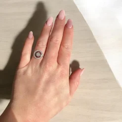Pamono 1930 Antique French Art Deco Engagement Ring, Platinum, Diamonds, and Ruby Halo><noscript><img width=