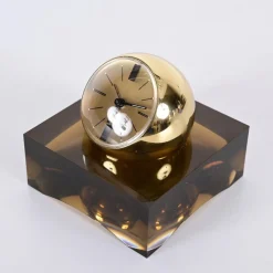 Pamono 8 Day Gilt Sphere Clock with Smoked Acrylic Glass Base in Box from Swiza, 1970s> Clocks