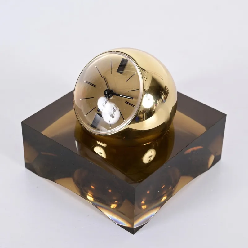 Pamono 8 Day Gilt Sphere Clock with Smoked Acrylic Glass Base in Box from Swiza, 1970s> Clocks