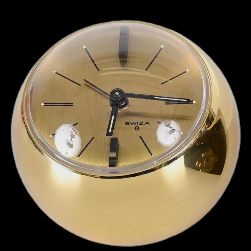 Pamono 8 Day Gilt Sphere Clock with Smoked Acrylic Glass Base in Box from Swiza, 1970s> Clocks
