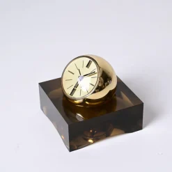 Pamono 8 Day Gilt Sphere Clock with Smoked Acrylic Glass Base in Box from Swiza, 1970s><noscript><img width=