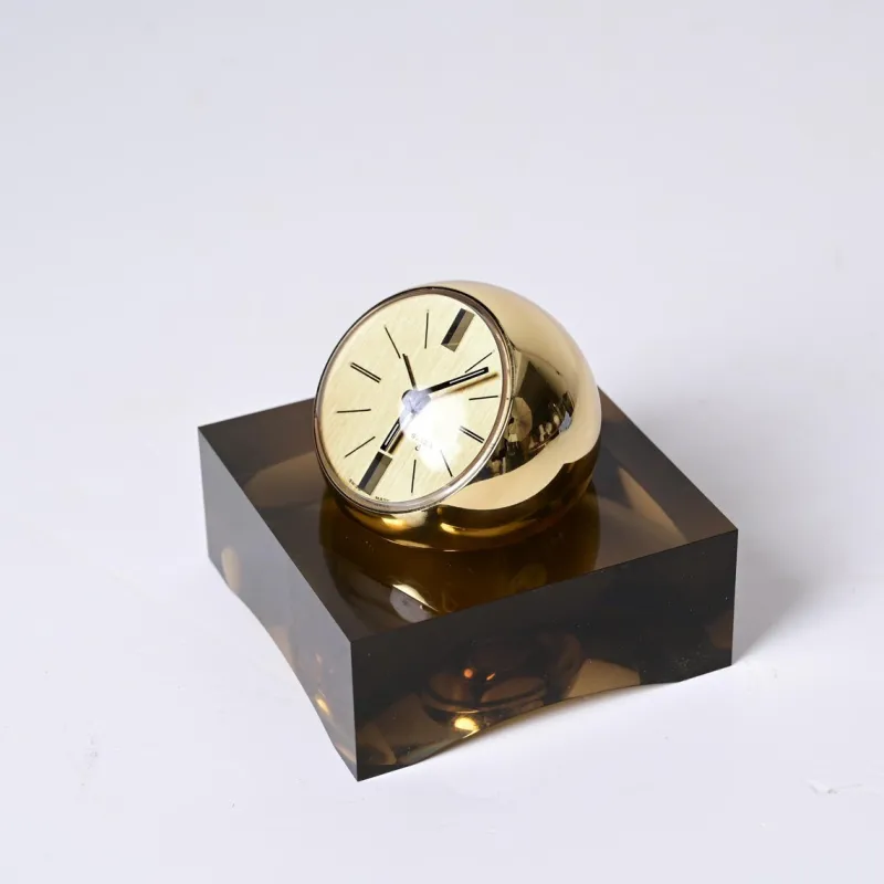 Pamono 8 Day Gilt Sphere Clock with Smoked Acrylic Glass Base in Box from Swiza, 1970s> Clocks