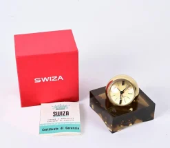 Pamono 8 Day Gilt Sphere Clock with Smoked Acrylic Glass Base in Box from Swiza, 1970s><noscript><img width=