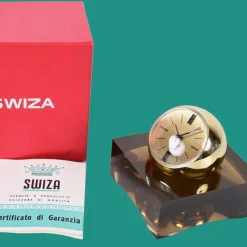 Pamono 8 Day Gilt Sphere Clock with Smoked Acrylic Glass Base in Box from Swiza, 1970s><noscript><img width=