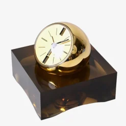 Pamono 8 Day Gilt Sphere Clock with Smoked Acrylic Glass Base in Box from Swiza, 1970s><noscript><img width=