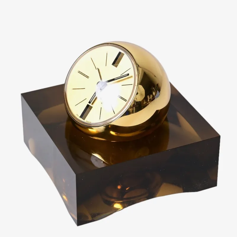 Pamono 8 Day Gilt Sphere Clock with Smoked Acrylic Glass Base in Box from Swiza, 1970s> Clocks
