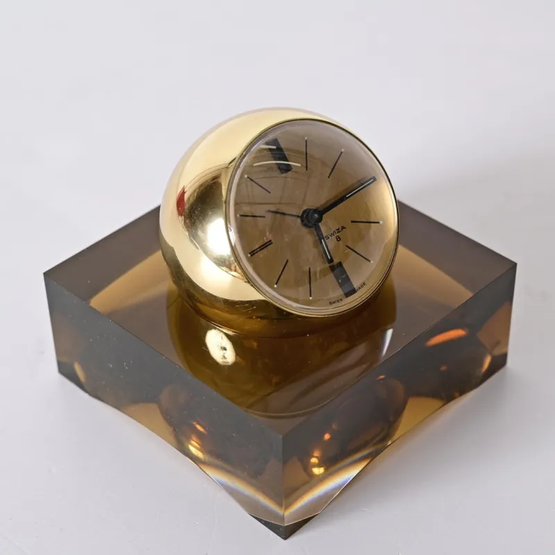 Pamono 8 Day Gilt Sphere Clock with Smoked Acrylic Glass Base in Box from Swiza, 1970s> Clocks