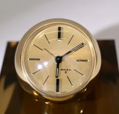 Pamono 8 Day Gilt Sphere Clock with Smoked Acrylic Glass Base in Box from Swiza, 1970s><noscript><img width=