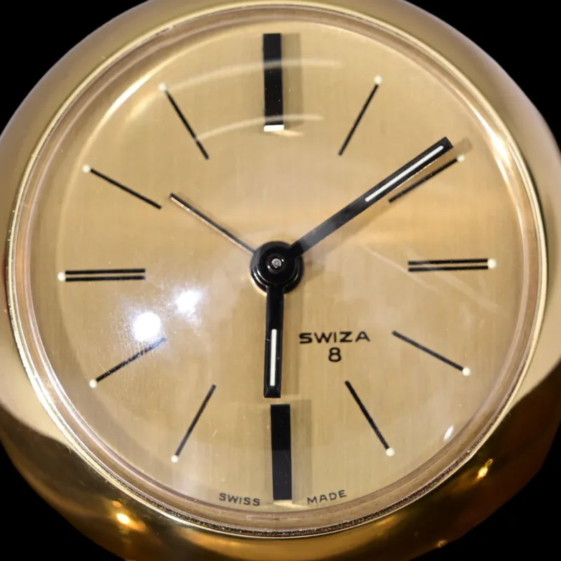 Pamono 8 Day Gilt Sphere Clock with Smoked Acrylic Glass Base in Box from Swiza, 1970s> Clocks