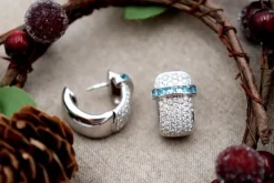 Pamono 18 Karat Gold Earrings with Diamonds and Brilliant-Cut Aquamarines, Set of 2><noscript><img width=