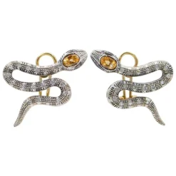 Best Pamono 18 Karat Rose Gold and Silver Snake Earrings with Sapphires and Diamonds, Set of 2