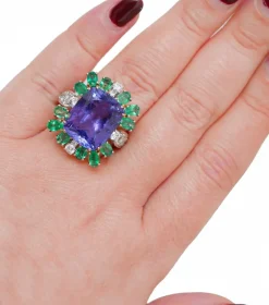 Pamono 18 Karat White and Rose Gold Ring with Tanzanite, Emeralds and Diamonds><noscript><img width=