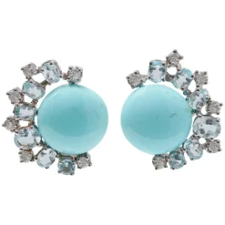 Clearance Pamono 18 Karat White Gold and Rose Gold Earrings with Turquoises, Aquamarines and Diamonds, Set of 2