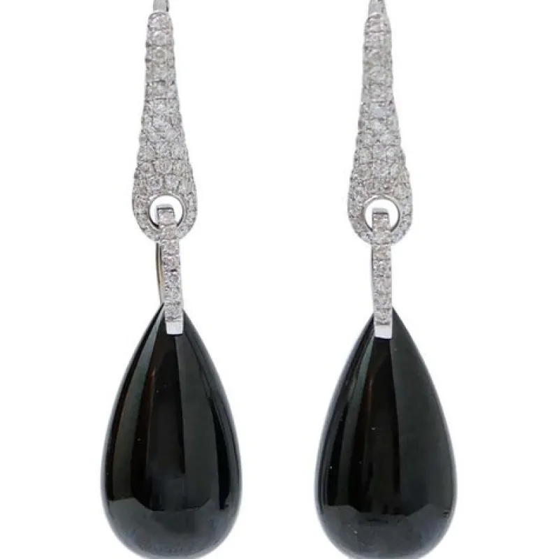 Discount Pamono 18 Karat White Gold Dangle Earrings with Onyx and Diamonds, Set of 2