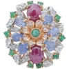 Clearance Pamono 18 Karat White Gold Ring with Rubies, Sapphires, Emeralds, Diamonds and Rose