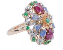 Clearance Pamono 18 Karat White Gold Ring with Rubies, Sapphires, Emeralds, Diamonds and Rose