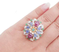 Clearance Pamono 18 Karat White Gold Ring with Rubies, Sapphires, Emeralds, Diamonds and Rose