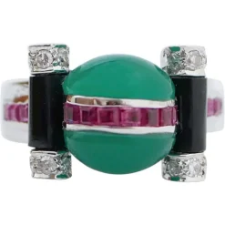 Pamono 18 Karat White Gold Ring with Green Agate, Onyx, Rubies and Diamonds> Rings