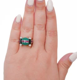 Pamono 18 Karat White Gold Ring with Green Agate, Onyx, Rubies and Diamonds><noscript><img width=