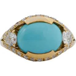 Pamono 18 Karat Yellow 18 Karat Gold Ring with Turquoise and Diamonds> Rings