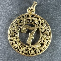 Pamono 18 Karat Yellow Gold Lucky Number 7 4-Leaf Clover Good Luck Charm Pendant, 1890s> Necklaces