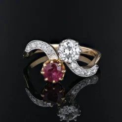 Pamono 18 Karat Yellow Gold Ring with Ruby and Diamonds, 1960s><noscript><img width=