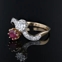Pamono 18 Karat Yellow Gold Ring with Ruby and Diamonds, 1960s><noscript><img width=