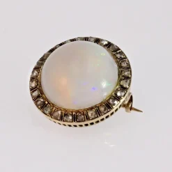 Pamono 18 Karat Yellow Gold Round Brooch with Opal, Diamonds & Enamel, 1930s><noscript><img width=