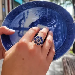 Pamono 925 Silver Rosette Ring with Sapphire Root and Zircons, Italy, 21st Century><noscript><img width=