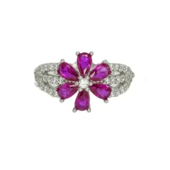 Outlet Pamono 925 Sterling Silver Flower Ring with Ruby ​​Root and Zircons, Italy, 21st Century