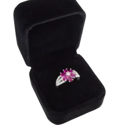 Outlet Pamono 925 Sterling Silver Flower Ring with Ruby ​​Root and Zircons, Italy, 21st Century