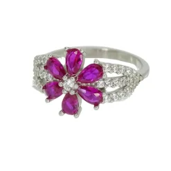 Outlet Pamono 925 Sterling Silver Flower Ring with Ruby ​​Root and Zircons, Italy, 21st Century