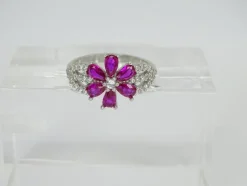 Outlet Pamono 925 Sterling Silver Flower Ring with Ruby ​​Root and Zircons, Italy, 21st Century