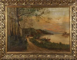 Pamono A. Fournier, Mountain Lake with Rowing Boats and River, 1950, Oil on Canvas> Old Masters