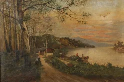 Pamono A. Fournier, Mountain Lake with Rowing Boats and River, 1950, Oil on Canvas><noscript><img width=