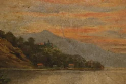 Pamono A. Fournier, Mountain Lake with Rowing Boats and River, 1950, Oil on Canvas><noscript><img width=