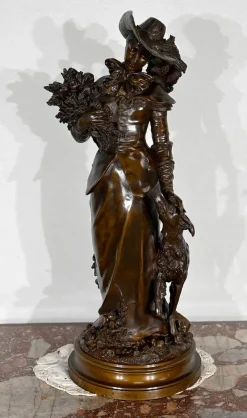 Pamono A. Gaudez, L’élégante et son chien, 19th Century, Bronze> Art Nouveau