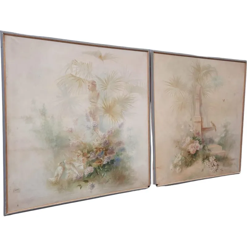 Outlet Pamono A. Hubert, Large Decorative Diptych, 1900, Canvas Artworks, Set of 2