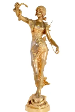Pamono A. Lefebvre, Snake Charmer Lady, 1900s, Fire-Gilded Bronze> Art Nouveau