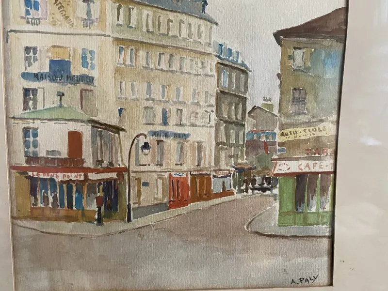 Pamono A. Paly, Parisian Street Scene with Berlin Bar, Watercolor, Framed> Impressionist