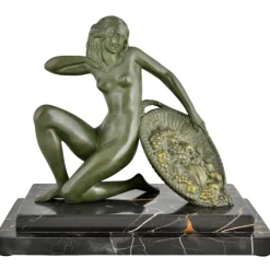 Pamono A. Soleau, Art Deco Kneeling Nude with Fruit Basket, 1930, Bronze with Marble Base> Art Deco