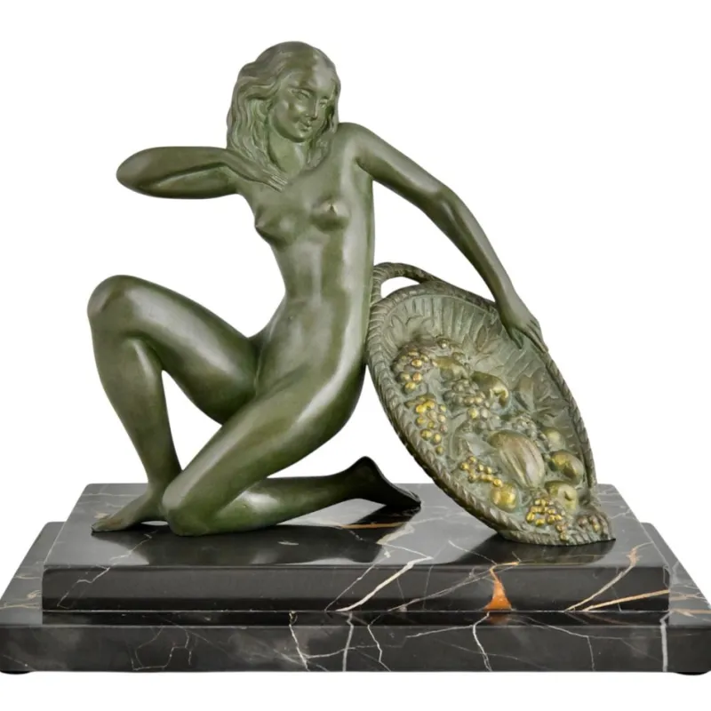 Pamono A. Soleau, Art Deco Kneeling Nude with Fruit Basket, 1930, Bronze with Marble Base> Art Deco