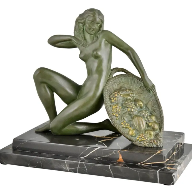 Pamono A. Soleau, Art Deco Kneeling Nude with Fruit Basket, 1930, Bronze with Marble Base> Art Deco