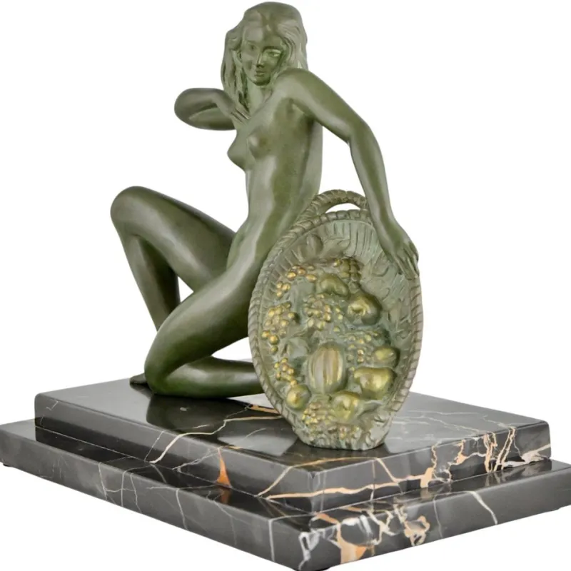 Pamono A. Soleau, Art Deco Kneeling Nude with Fruit Basket, 1930, Bronze with Marble Base> Art Deco