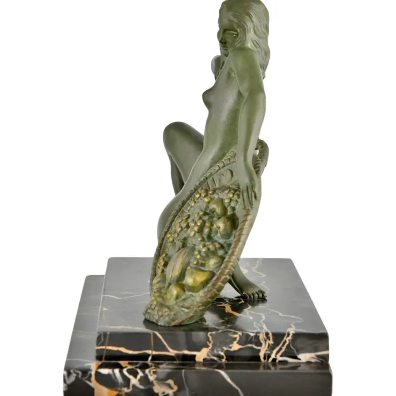 Pamono A. Soleau, Art Deco Kneeling Nude with Fruit Basket, 1930, Bronze with Marble Base> Art Deco