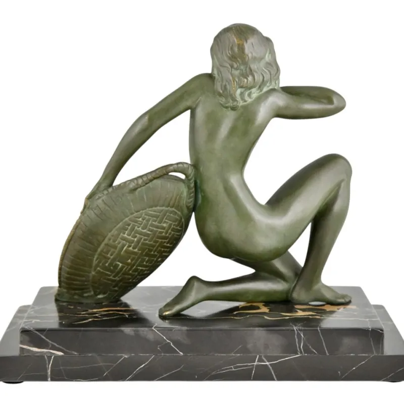 Pamono A. Soleau, Art Deco Kneeling Nude with Fruit Basket, 1930, Bronze with Marble Base> Art Deco