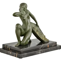 Pamono A. Soleau, Art Deco Kneeling Nude with Fruit Basket, 1930, Bronze with Marble Base><noscript><img width=