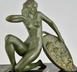 Pamono A. Soleau, Art Deco Kneeling Nude with Fruit Basket, 1930, Bronze with Marble Base><noscript><img width=